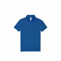 A B&C Collection B263F blue polo shirt with a collar and three buttons, set against a white background.