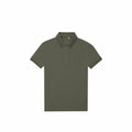 The B&C Collection B265F, a plain olive green polo shirt featuring short sleeves and a collar, is laid flat against a white background.