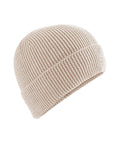 Beanies: A beige knitted hat with a ribbed texture, soft and slightly stretchy. Features a simple, classic design and is shown against a plain white background.