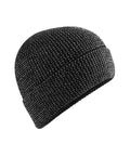 A close-up of the Beanies black knitted hat with a subtle white speckled pattern, featuring a folded brim and rounded shape, displayed against a white background.
