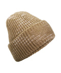 Beanies: Brown knitted hat with a wide turned-up brim and subtle light-coloured speckles, displayed on a plain white background.