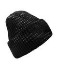 A black beanie ribbed knit hat with a folded brim is shown against a white background, highlighting its thick, warm texture and quality construction.