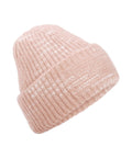 A soft, light pink Beanies hat with ribbed knit patterns and a thick folded brim, shown against a white background.