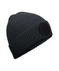 The Beanies features a dark grey ribbed knit design with a folded brim and a round black front patch, shown against a plain white background.