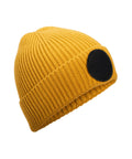 Beanies: A yellow knitted beanie featuring a wide ribbed texture and a prominent black circular patch on the side.