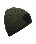 A green Beanies ribbed knit hat with a folded brim and a prominent black circular patch on the side, displayed against a white background.
