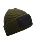 The Beanies is a ribbed olive green knitted beanie with a wide turn-up brim and a black rectangular patch featuring a horizontal zip pocket on the front.