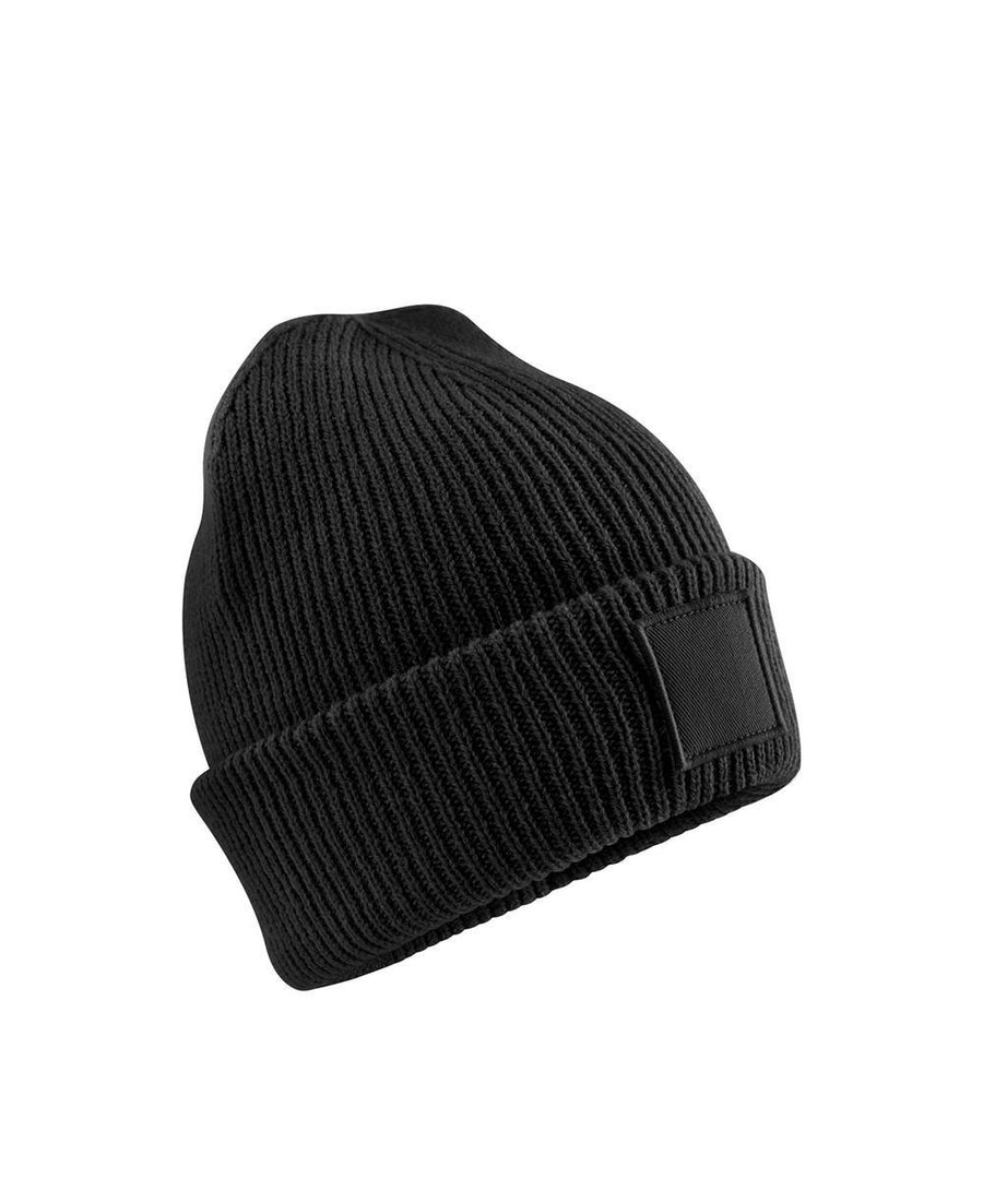 The Beanies product is a plain black knitted hat with a turned-up cuff and a blank rectangular patch on the front, shown against a white background.