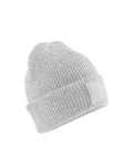 The Beanies features a light grey ribbed knit, a folded brim, and a blank rectangular patch on the front, shown against a white background.