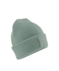 The Beanies hat is a light green ribbed knit with a folded brim and a blank rectangular patch on the front, shown against a white background.