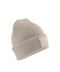 A beige Beanies ribbed knit hat with a folded brim and rectangular patch on the front, shown against a white background.