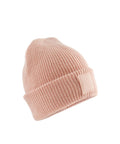 A light pink Beanies knit features a folded brim and a blank rectangular front patch, shown against a white background.