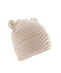 Beanies: A beige knitted beanie with a folded brim and two small round ears on top, displayed against a white background.