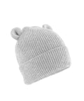A light grey ribbed knit beanie hat with two small round fabric ears on top, shown against a plain white background.