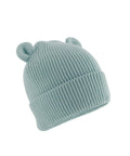 A light blue beanie hat with a folded brim and two small, round ear-shaped accents on top, shown against a white background.