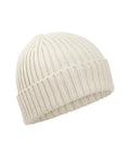 The beanies are ribbed knit with a folded brim in light beige or off-white, shown on a plain white background.