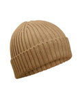 Beanies: A beige ribbed knit beanie featuring a wide turned-up cuff, shown on a white background.