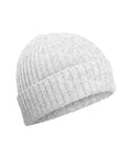 A light grey, ribbed texture Beanies knitted with a wide folded cuff is displayed on a white background.