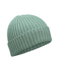 Beanies in light green feature a ribbed knit texture and wide, folded brim, displayed against a plain white background.
