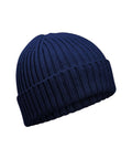 A close-up of the Beanies navy blue ribbed knit hat with a turned-up cuff, displayed against a white background.