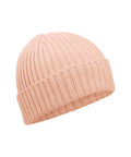 A light pink ribbed beanie knit hat with a folded brim, shown on a white background.