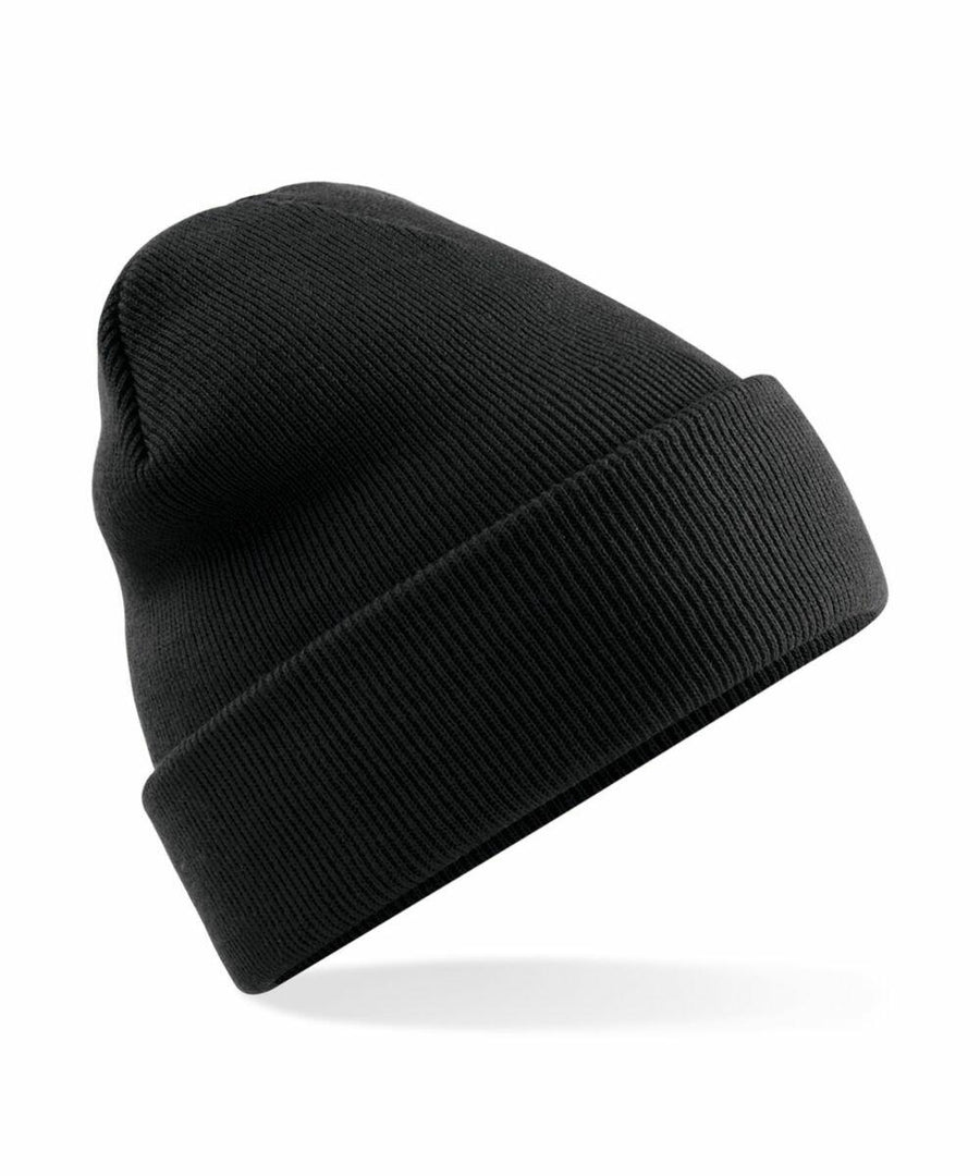 A Beechfield B375R black knit beanie featuring a folded cuff.