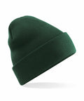 A Beechfield B375R green knitted beanie features a folded brim.