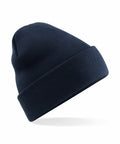 The Beechfield B375R, a dark blue knit beanie with a folded brim, is displayed against a white background.
