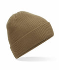 The Beechfield B376R is a brown knit beanie hat featuring a ribbed texture and a folded brim.
