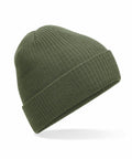 The Beechfield B376R is a green ribbed knit beanie with a folded cuff, stylishly positioned at an angle against a white background.