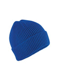 A vibrant blue ribbed beanie knit hat with a turned-up cuff, displayed on a white background.
