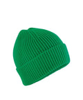 A bright green Beanies knitted hat with a turned-up brim, shown on a plain white background.