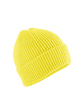Beanies: A vibrant yellow knitted hat featuring a wide folded brim, displayed on a plain white background.