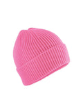 A vibrant pink ribbed knit beanie hat with a folded brim, shown on a plain white background.