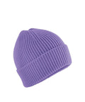 The Beanies is a ribbed, knitted hat in solid lavender with a folded brim, displayed on a white background.