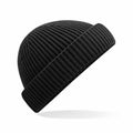 A Beechfield B383R, a black knitted beanie featuring a folded brim, is displayed against a white background.