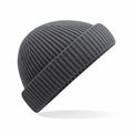A Beechfield B383R gray ribbed knit beanie with a folded brim, isolated on a white background.