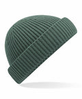 The Beechfield B383R is a green knitted beanie featuring a ribbed texture and folded cuff. The hat is displayed on a white background, highlighting its round shape and classic design.