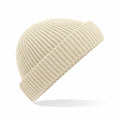 A cream-colored ribbed knit beanie from Beechfield, model B383R, featuring a folded brim and presented from the side against a white background.