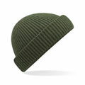 The Beechfield B383R, a green ribbed knit beanie with a folded brim, is displayed against a white background.
