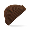 The Beechfield B383R is a brown ribbed knit beanie featuring a folded brim, displayed against a white background.