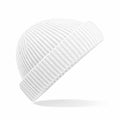 A Beechfield B383R, a white ribbed knit beanie hat, is displayed against a plain white background. The hat features a folded cuff and is angled slightly to highlight its texture and structure.