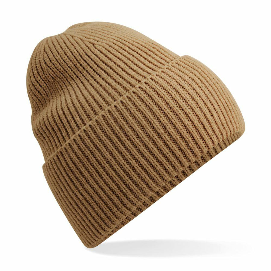 A Beechfield B384R, a ribbed knit beanie hat in beige, on a white background.