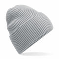 The Beechfield B384R is a light gray knitted beanie with a folded brim, shown on a white background. Its ribbed texture adds both coziness and style.