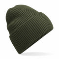 The Beechfield B384R, an olive green knitted beanie, is displayed against a white background. This hat showcases a ribbed texture and has a folded brim.