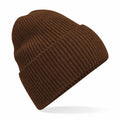 The Beechfield B384R is showcased as a ribbed knit beanie hat in brown, featuring a folded brim and presented against a plain white background.