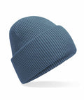 The Beechfield B385R, a blue knit beanie hat with a folded brim, is displayed against a plain white background.