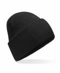 The Beechfield B385R is a black ribbed knit beanie with a folded brim, displayed against a white background. It looks soft and warm, perfect for cold weather.