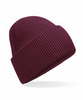 A Beechfield B385R maroon knit beanie with a folded brim, shown against a white background.