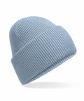 The Beechfield B385R light blue ribbed knit beanie features a folded cuff and is set against a white background.